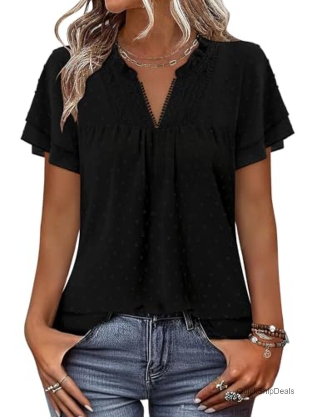 Womens Swiss Dot V Neck Blouse Short Sleeve Boho Flowy Dressy Casual Top